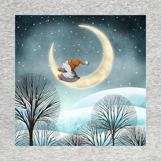 Scandinavian gnome and moon winter watercolor fantasy illustration. Swedish cute gnome in snow night forest. by likapix